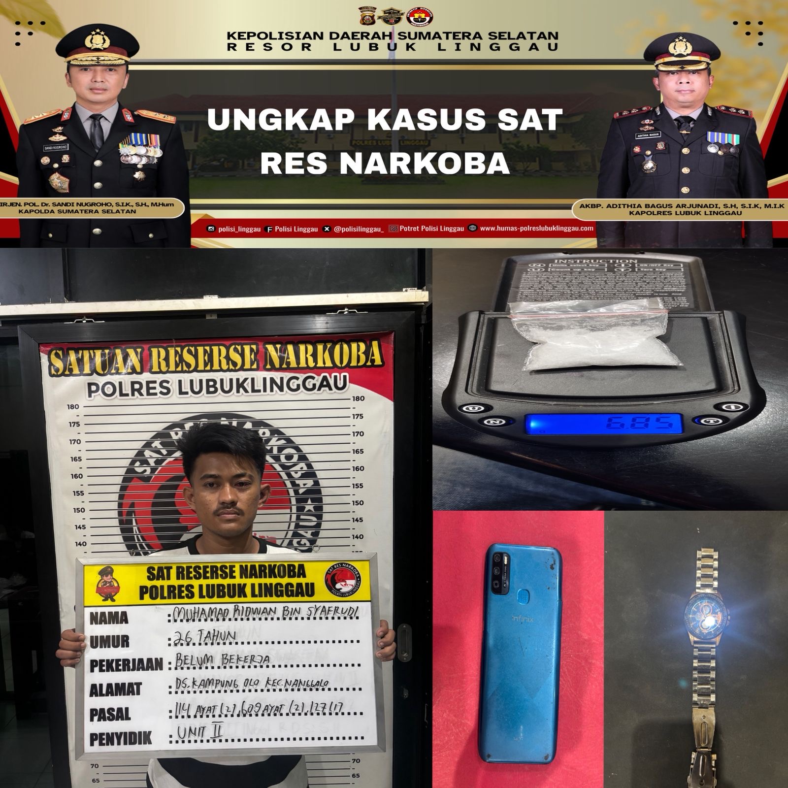 Kurir Sabu Asal Sumbar Ditangkap di Lubuk Linggau, 6,85 Gram Disita Polisi