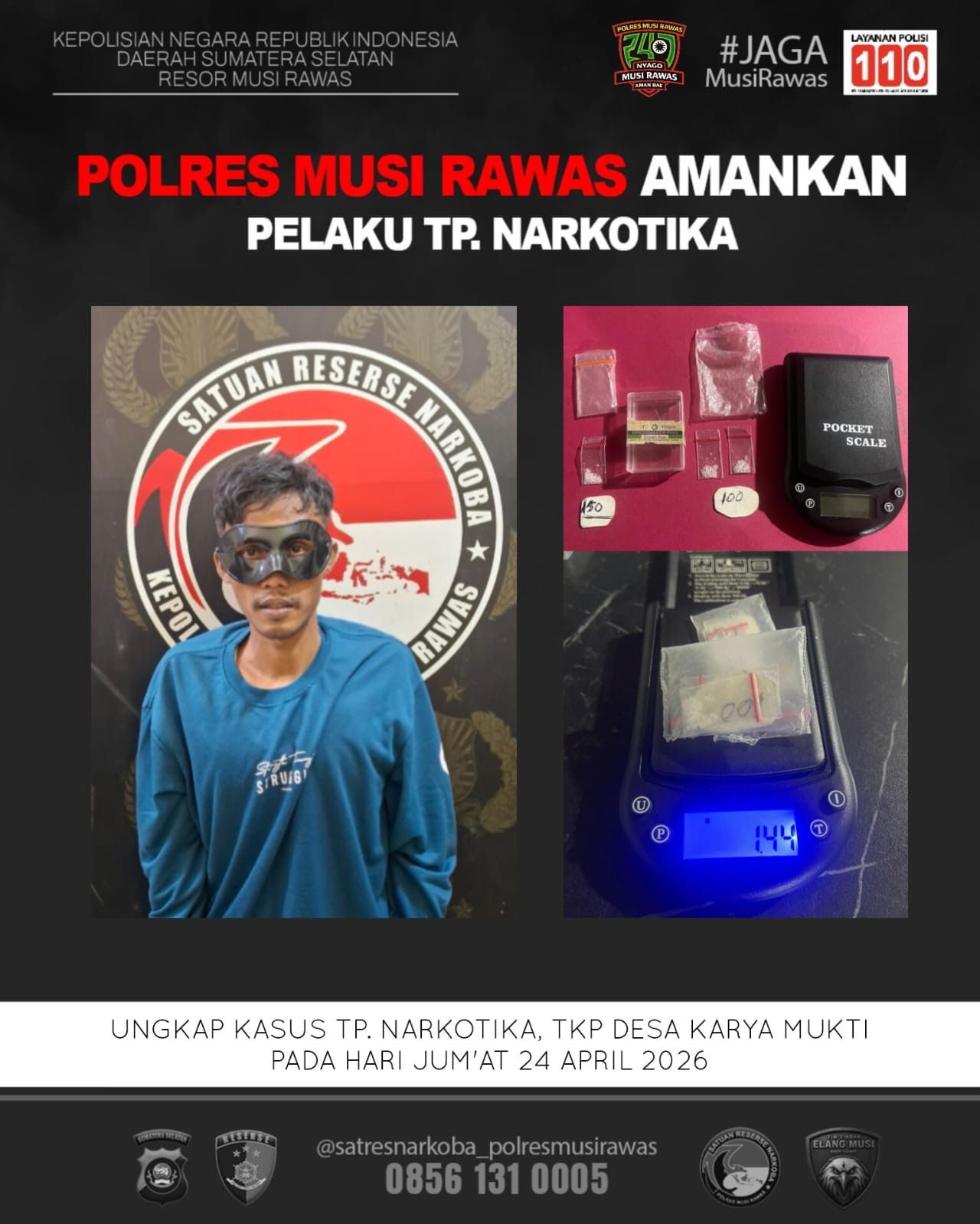 Ayah dan Anak Dibekuk di Musi Rawas, 86,80 Gram Sabu Disita