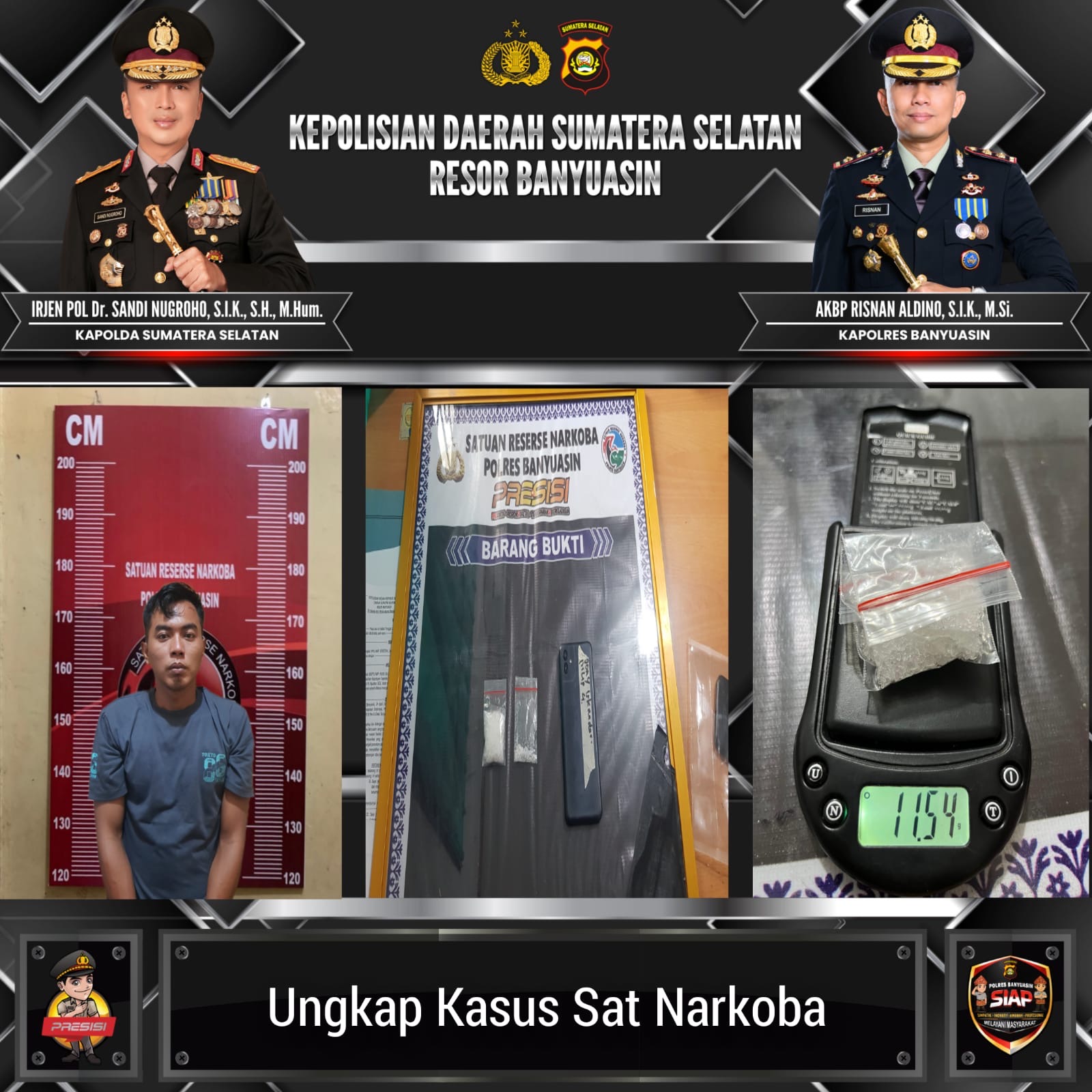 Pengedar Sabu Asal Bangka Dibekuk di Banyuasin, Dua Paket Sabu 11,54 Gram Disita