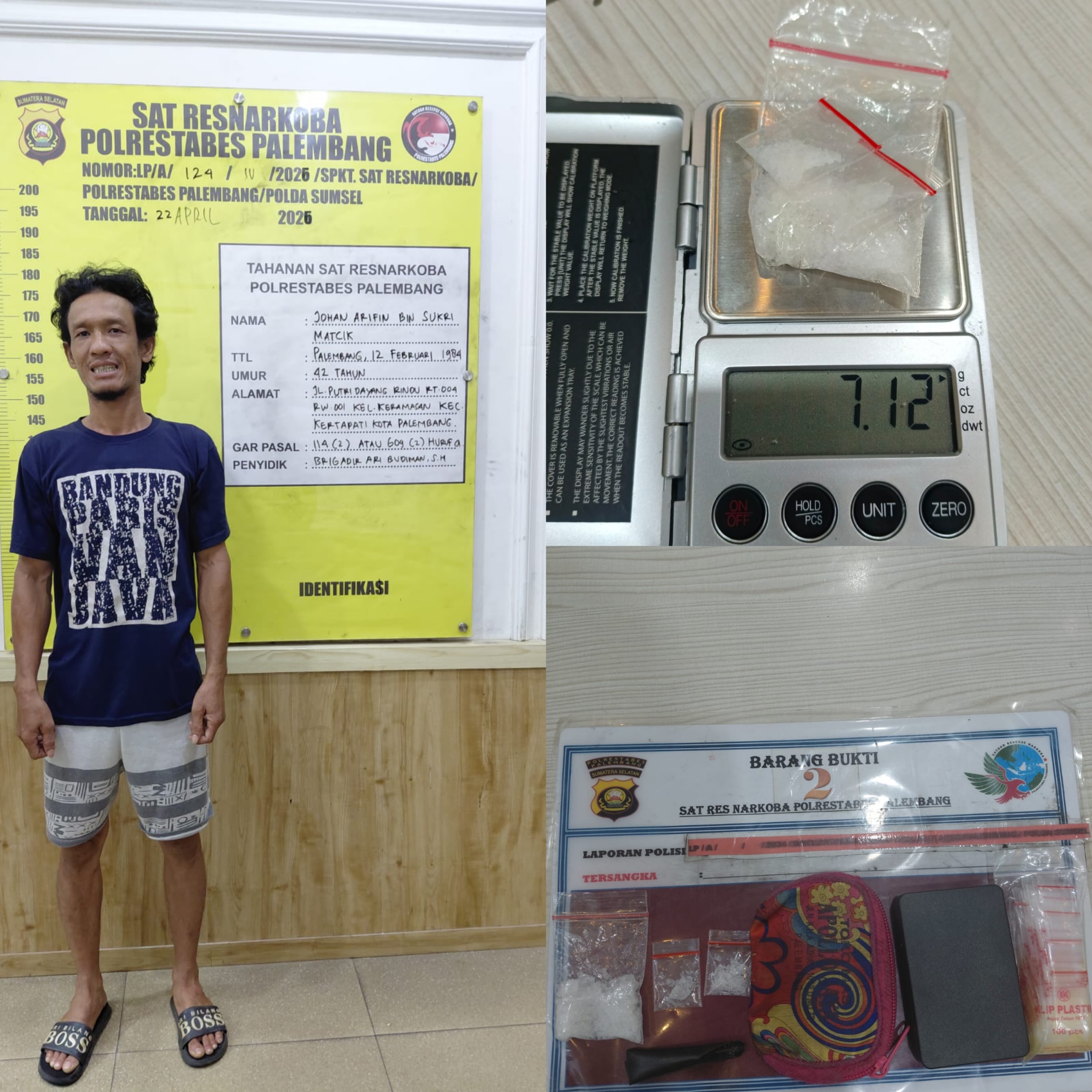 Unit 2 Satresnarkoba Polrestabes Palembang Bekuk Pengedar Sabu 7,12 Gram di Keramasan Kertapati, Timbangan Digital Disita