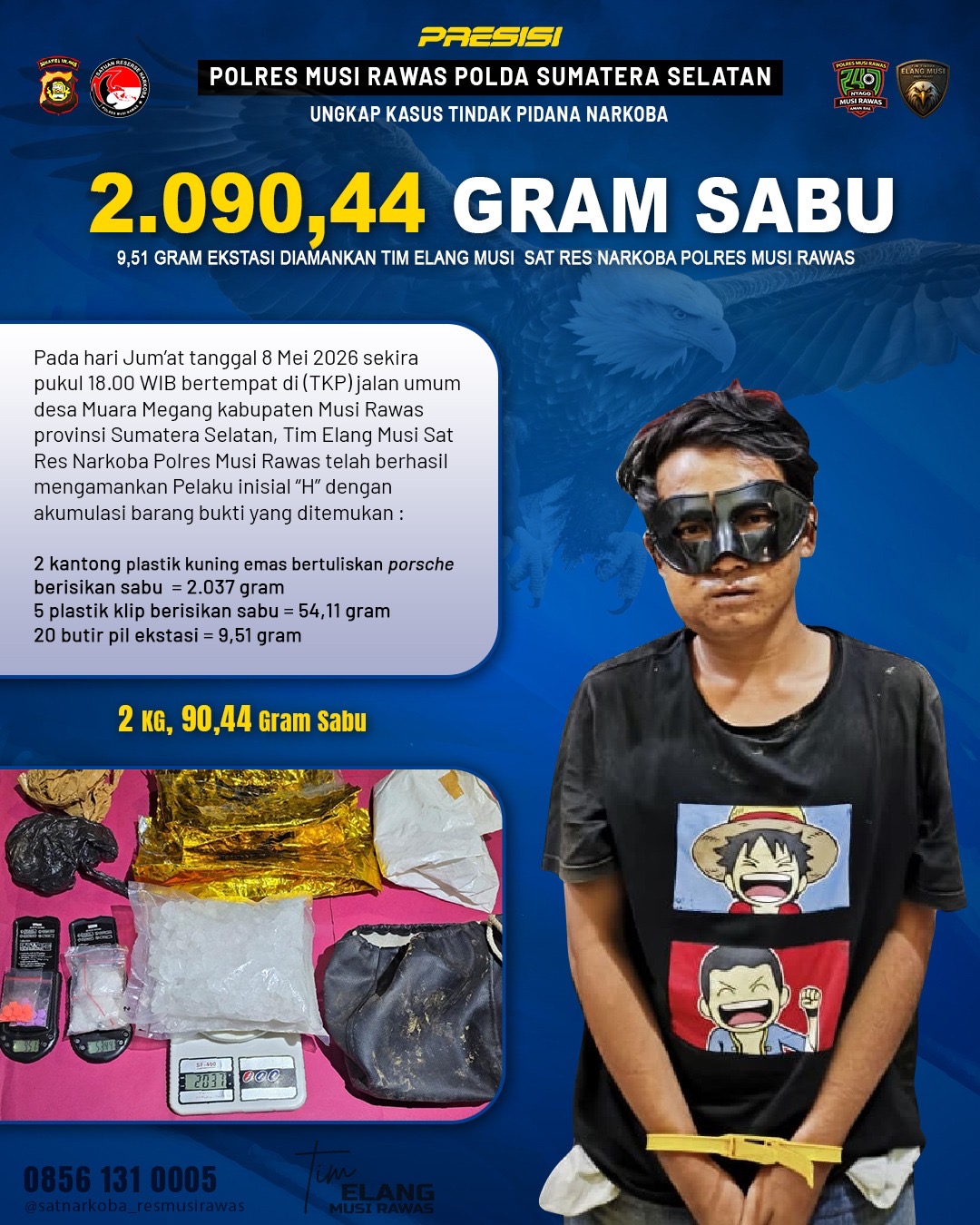 Tim Elang Musi Polres Musi Rawas Hentikan Kurir dari Muratara, Sabu 2 Kilogram Lebih dan Ekstasi 20 Butir Berlapis Kemasan Ganda Disita